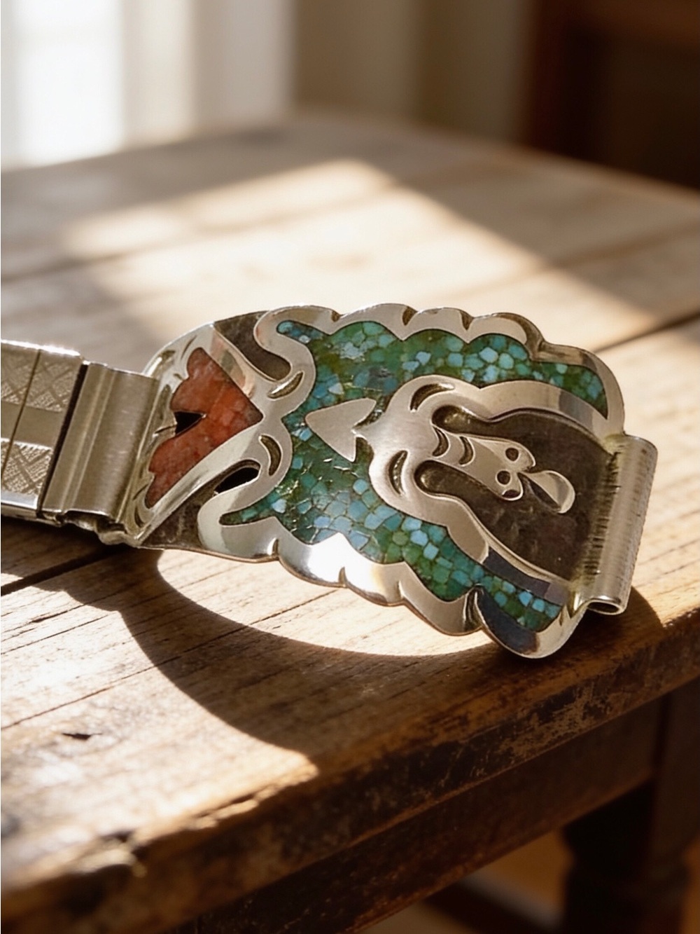 Men’s Sterling Navajo Turquoise/Coral Inlay Thunderbird Tips/Band Signed SD - Picture 6 of 14